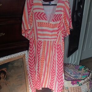 Old Navy Pink and Orange Geometric V-Neck Midi Dress